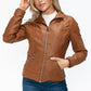 YMI Fuzzy Feels Faux Layered Double-Zipper Jacket with Fuzzy Hood in Camel