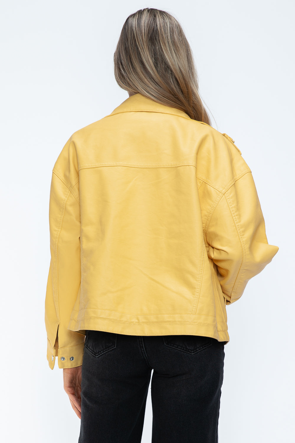 How Dare U My Favorite Layer Drawstring Hem PU Leather Zip Up Jacket in Pale Yellow