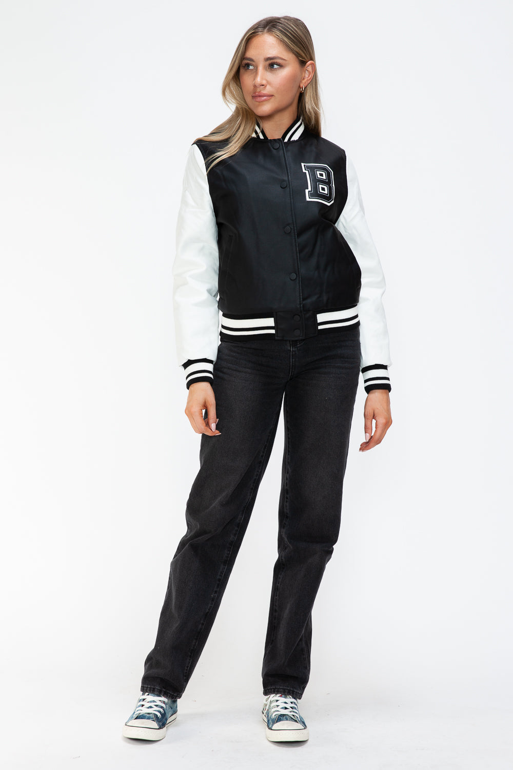 Love Me Now Bring The Love PU Leather Contrast Snap Down Bomber Jacket in Black/ White