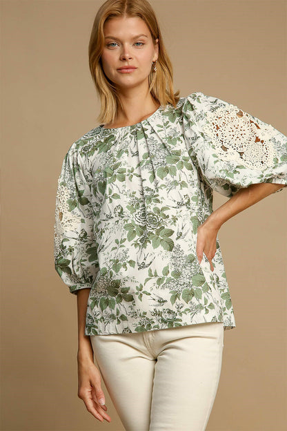 Umgee Petals and Pleats Floral Pleated Detail Lace Trim Sleeve Blouse in Sage