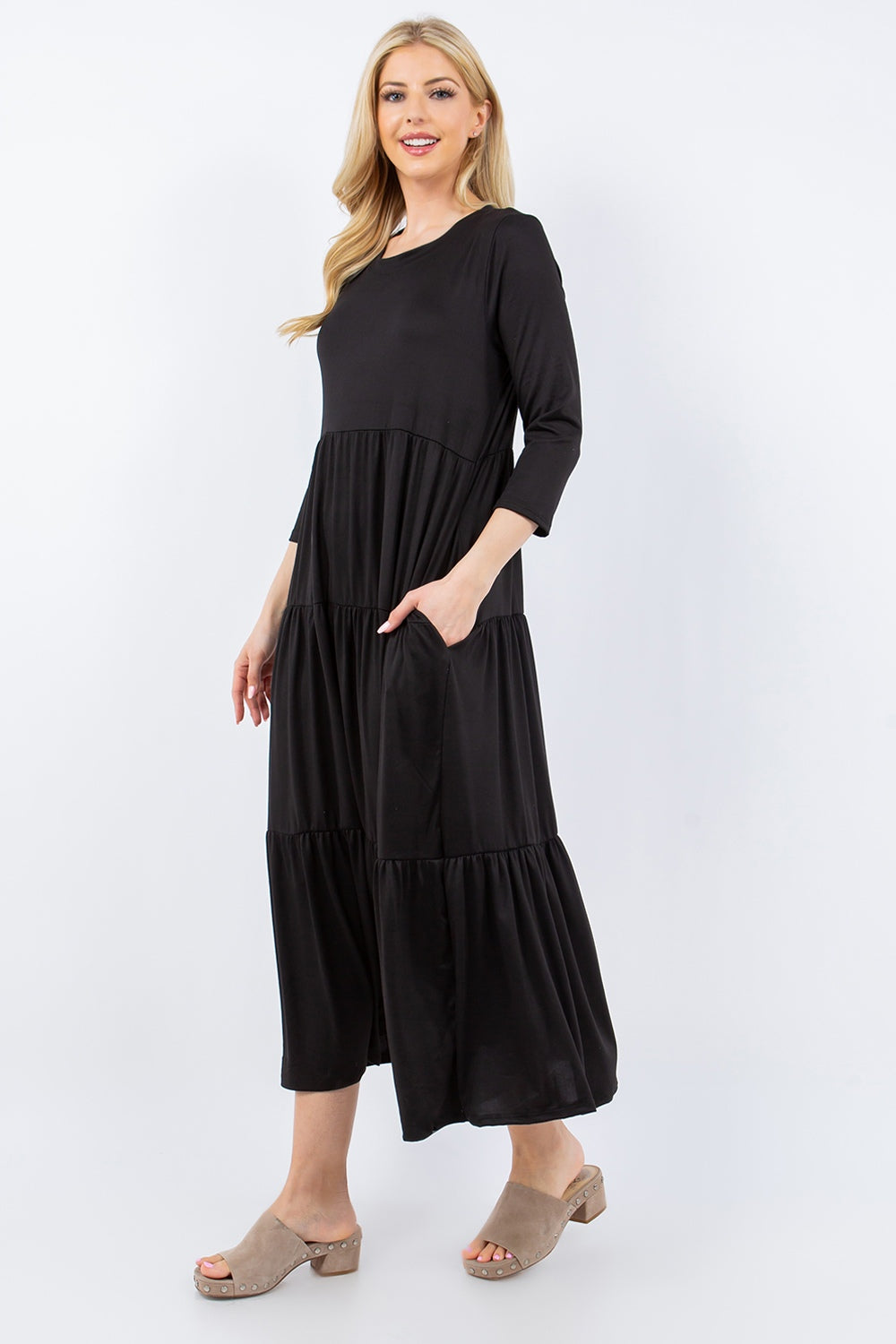Celeste Dress Up Tiered Midi Dress with Pockets