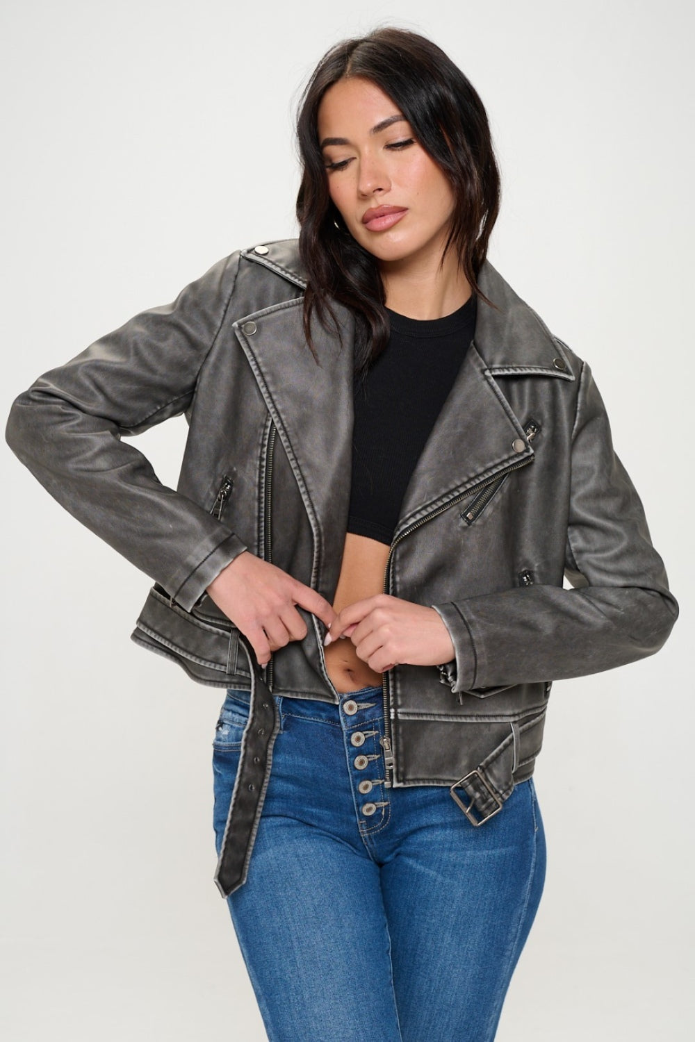 Coalition LA Biker Chic Zip Up Biker Jacket with Belt in Black