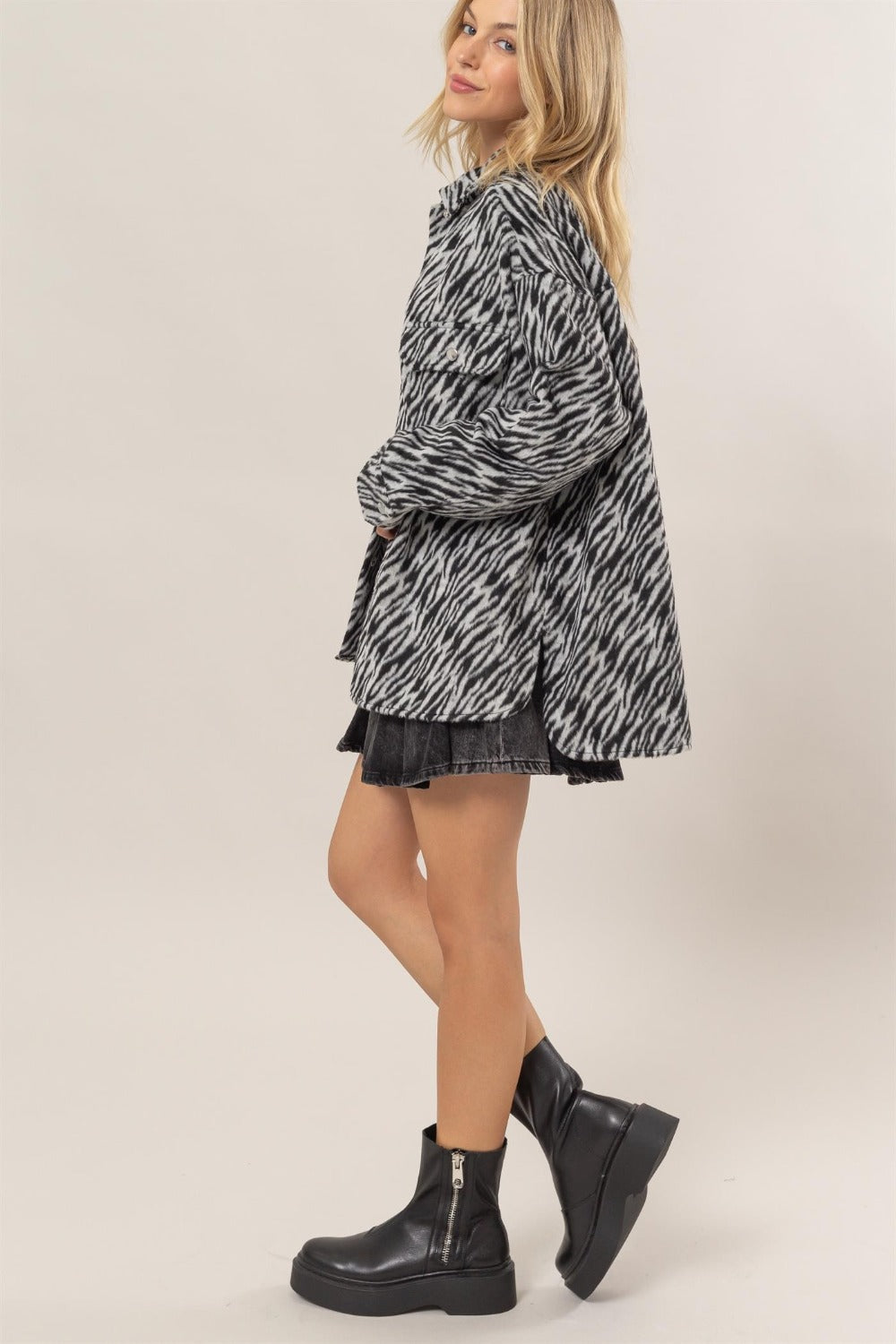 HYFVE Wild Side Zebra Print Snap Down Long Sleeve Shacket