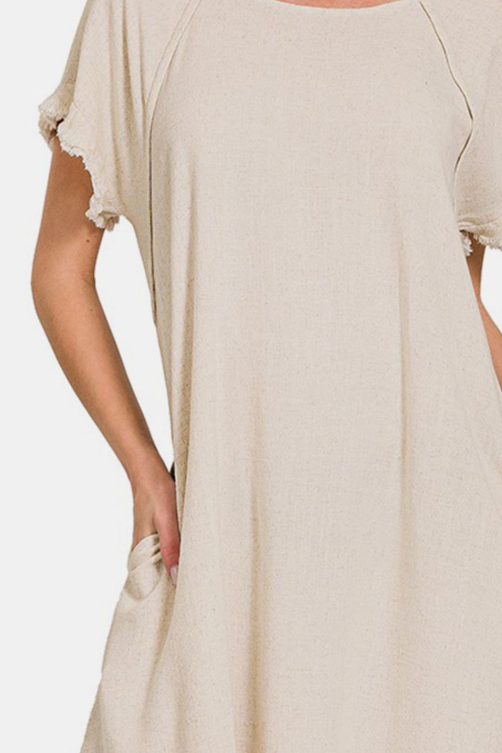 Zenana Spotted Downtown Fringe Edge High Low Flowy Dress with Pockets in Beige