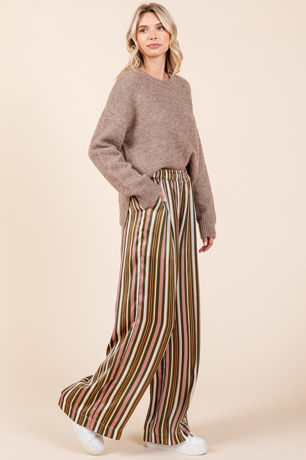 Mittoshop Oh Hey There Striped Satin Elastic Waist Wide Leg Pants in Mauve Multi