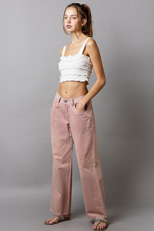 POL Autumn Embellishments Gradient Wide Leg Pants in Dusty Pink