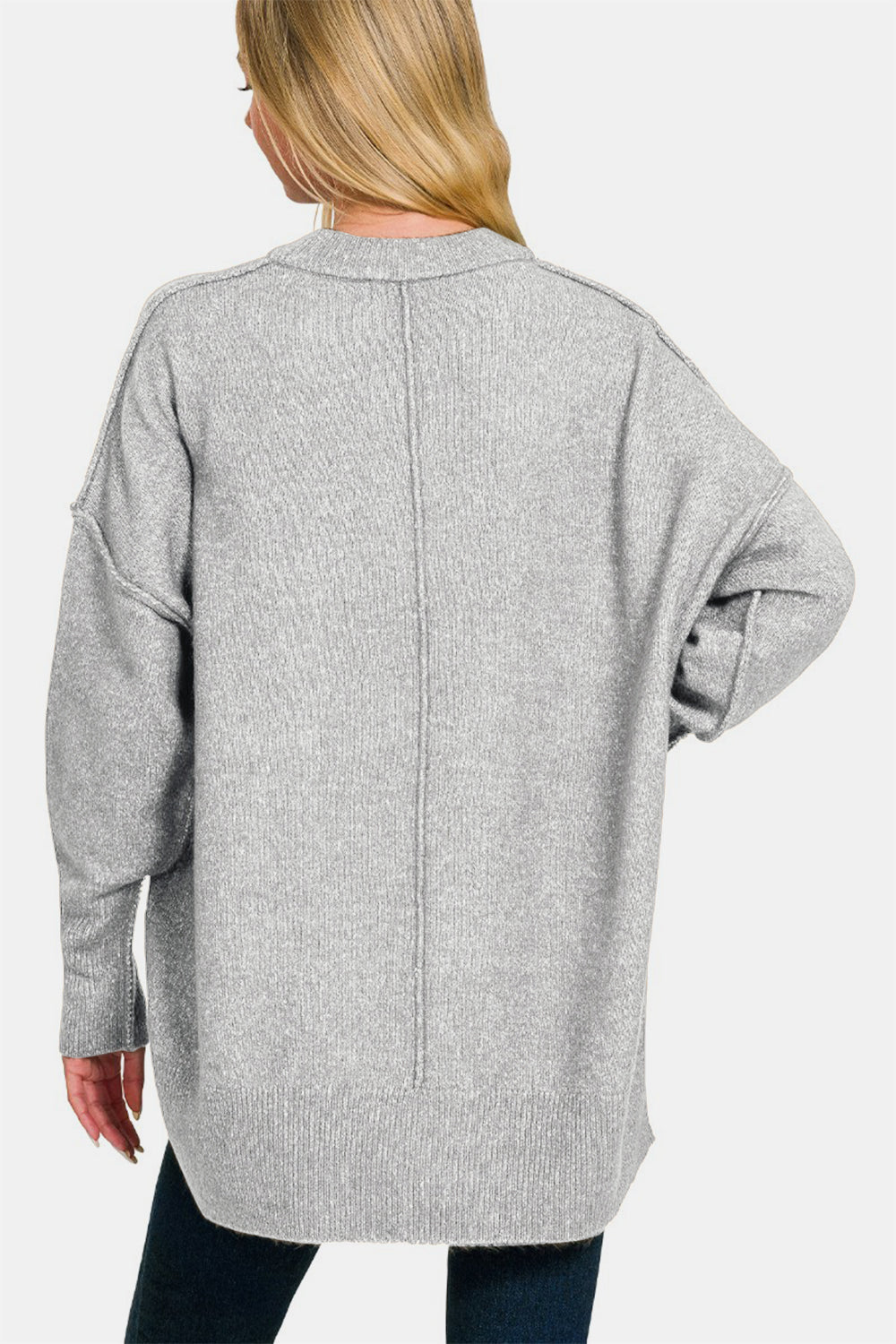 Zenana Everyday Cozy High-Low Hem Drop Shoulder Sweater in Grey