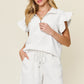 Double Take My Best Life Texture Flounce Sleeve Top and Drawstring Shorts Set