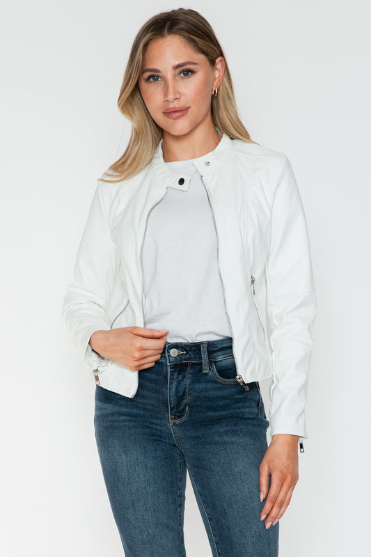 Snobbish Biker Babe PU Leather Zip Up Jacket with Pockets in White