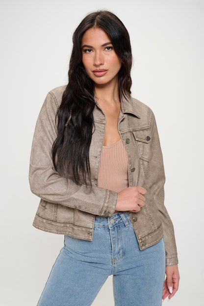 Coalition LA Serving Looks Button Down Cargo Vegan Leather Shacket in Khaki