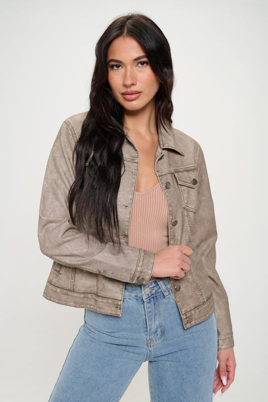 Coalition LA Serving Looks Button Down Cargo Vegan Leather Shacket in Khaki
