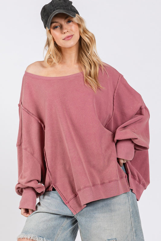 SAGE + FIG Warm Hearts Mineral Wash Side Slit Oversized Sweatshirt in Mulberry