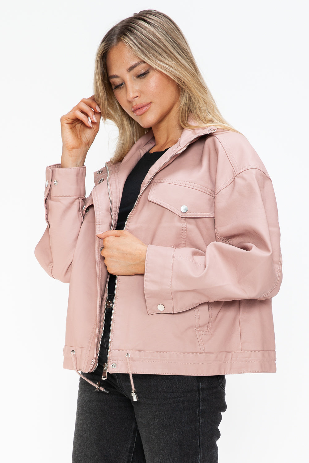 How Dare U My Favorite Layer Drawstring Hem PU Leather Zip Up Jacket in Mauve