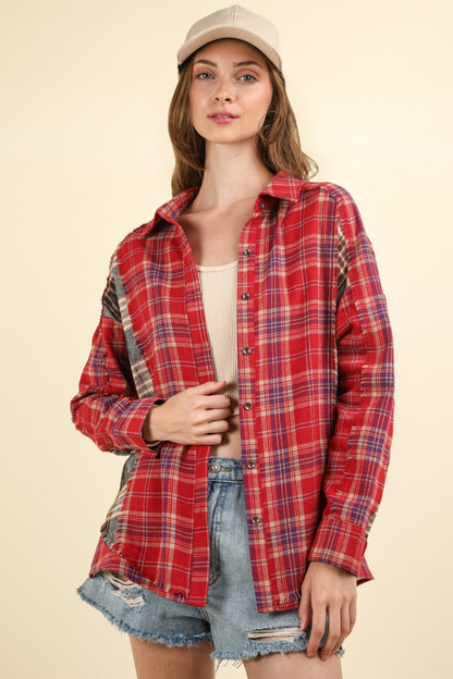 VERY J Falling For Plaid Contrast Plaid Raw Detail Shirt in Red