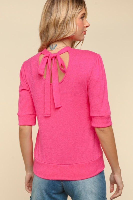 Haptics Feeling Hot Pink Lovin' Tied Back Mock Neck Half Sleeve Knit Top