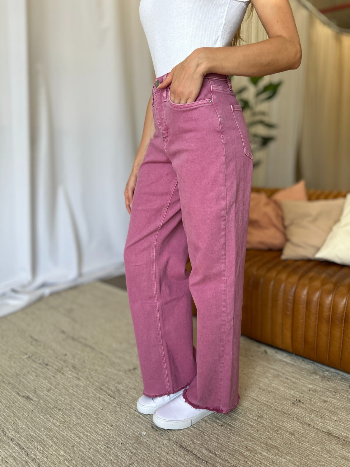 RFM Raelene High Rise Garment Dye Wide Leg Jeans in French Rose