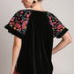 Umgee Tells A Story Velvet Embroidery Short Sleeve Blouse in Black