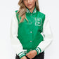 Love Me Now Bring The Love PU Leather Contrast Snap Down Bomber Jacket in Green/Milk