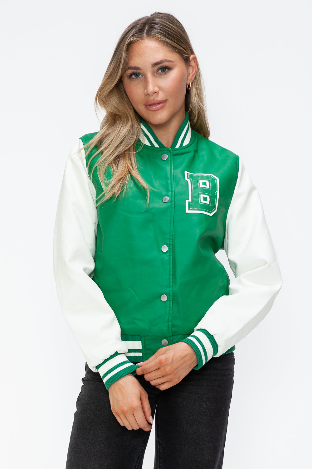 Love Me Now Bring The Love PU Leather Contrast Snap Down Bomber Jacket in Green/Milk