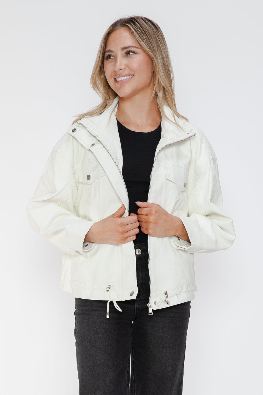 How Dare U My Favorite Layer Drawstring Hem PU Leather Zip Up Jacket in White