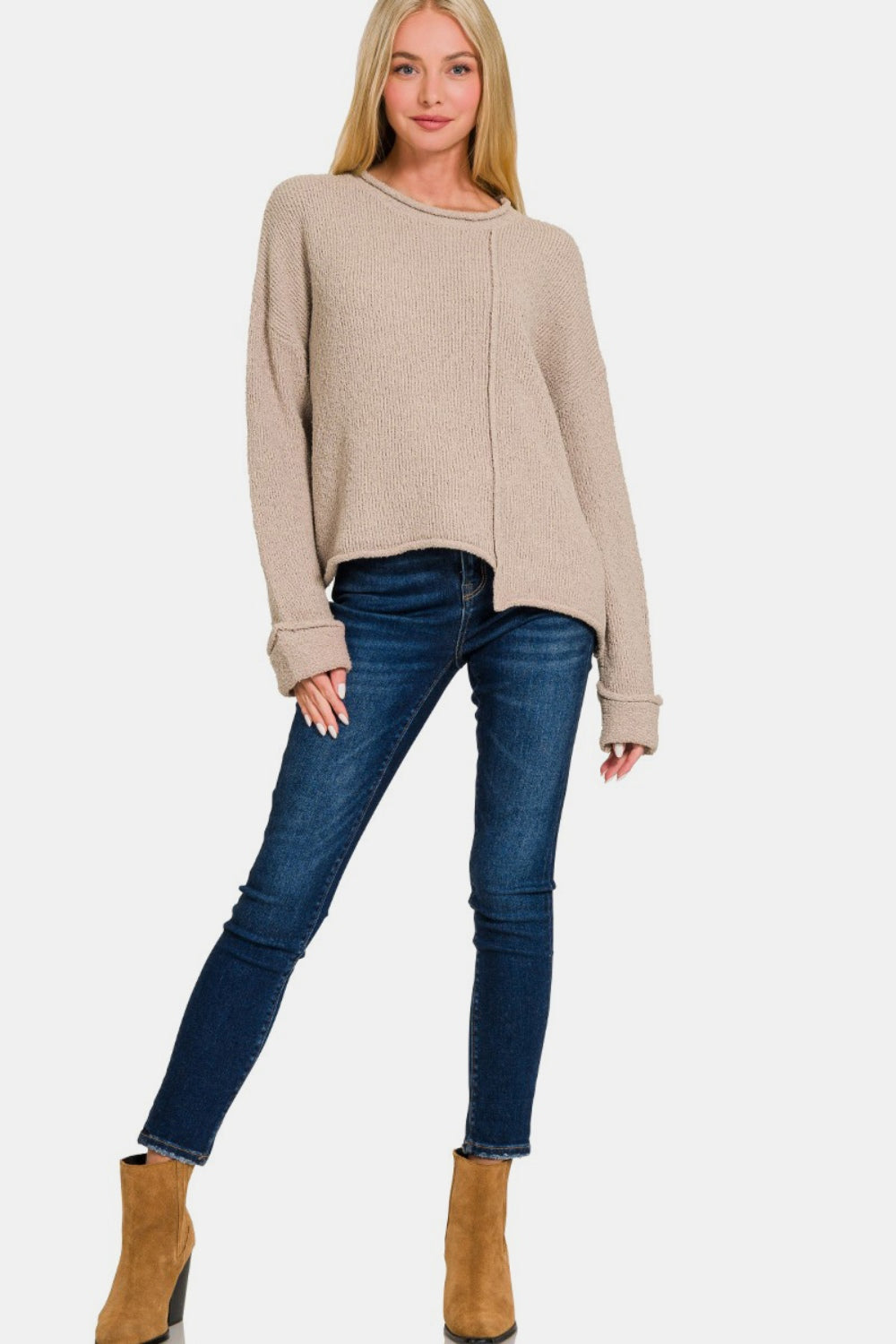 Zenana Wild Wonderland Asymmetric Hem Drop Shoulder Sweater in Ash Mocha