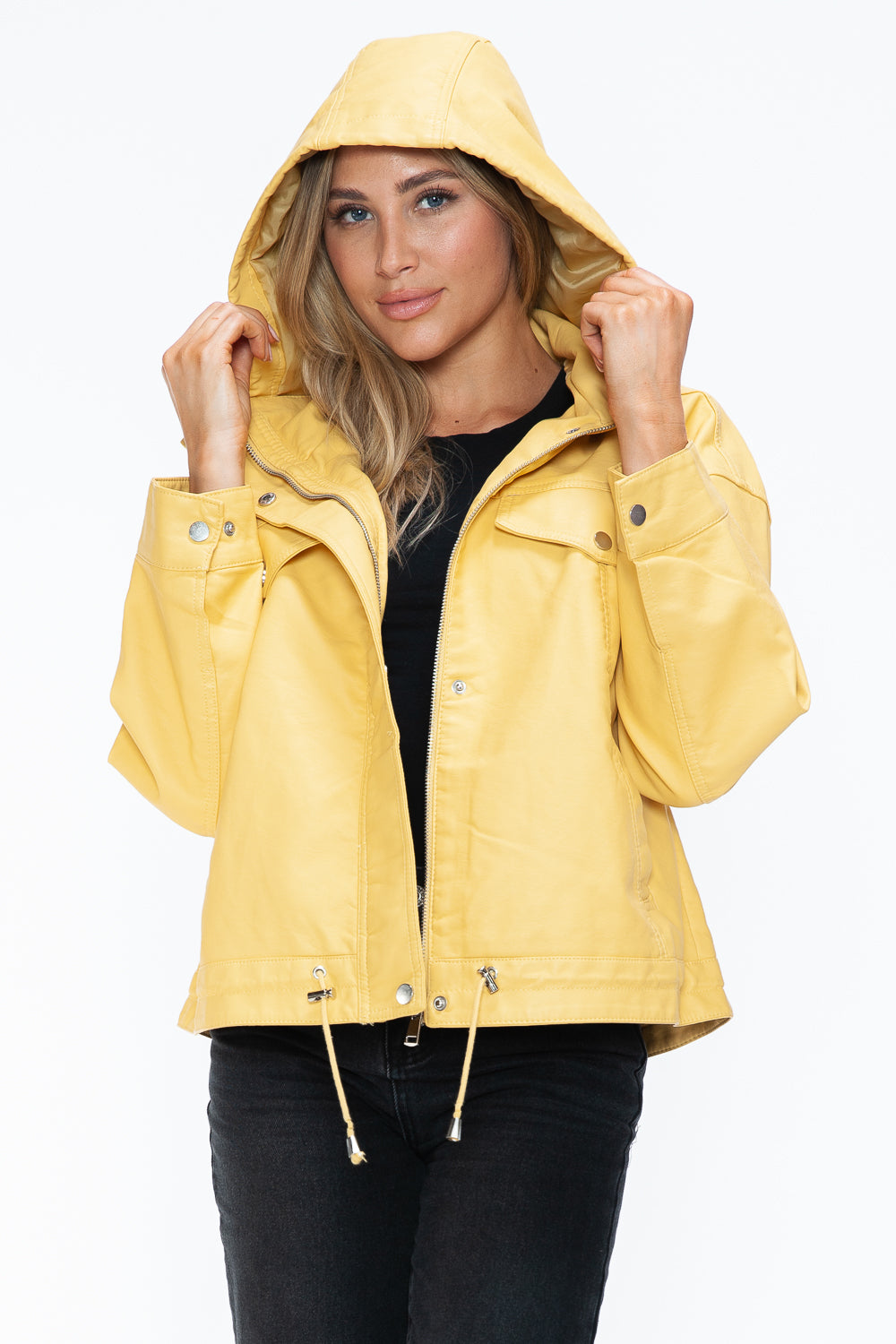 How Dare U My Favorite Layer Drawstring Hem PU Leather Zip Up Jacket in Pale Yellow