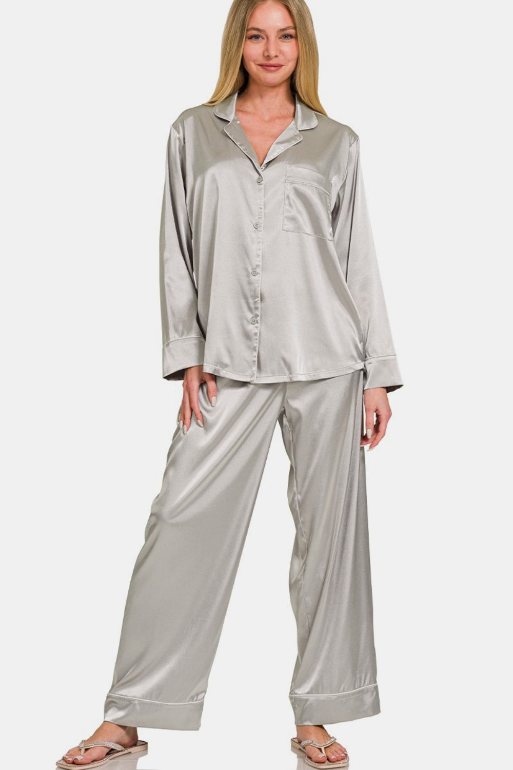 Zenana Wrapped In Satin Long Sleeve Shirt and Pants Pajama Set in Silver