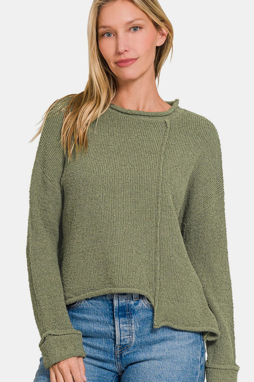 Zenana Wild Wonderland Asymmetric Hem Drop Shoulder Sweater in Light Olive