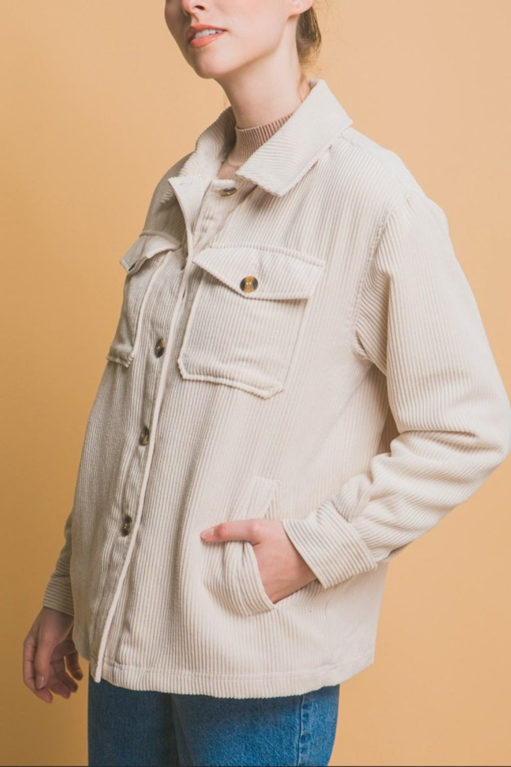 Love Tree Fall In Love Corduroy Button Up Jacket with Sherpa Inside in Cream