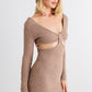 HERA COLLECTION Cross My Heart Fluffy Bow Cut-Out Detail Long Sleeve Mini Dress in Mocha