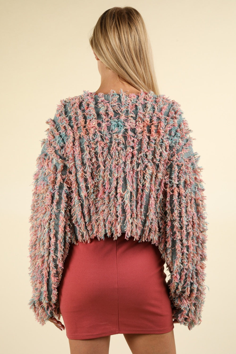 VERY J Feeling Fuzzy and Fabulous Shaggy Yarn Knit Zip Up Jacket in Green Multi