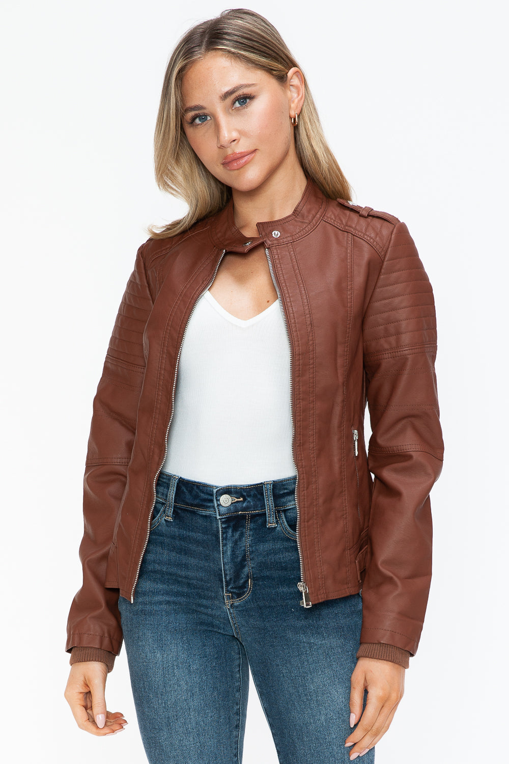 Snobbish Born To Ride PU Leather Biker Jacket with Side Zip Pockets in Brandy