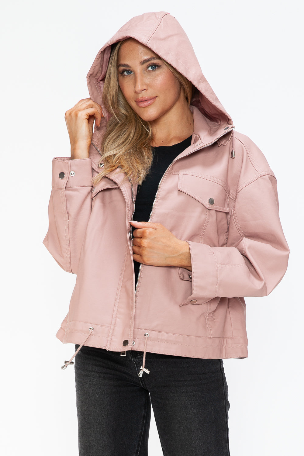How Dare U My Favorite Layer Drawstring Hem PU Leather Zip Up Jacket in Mauve