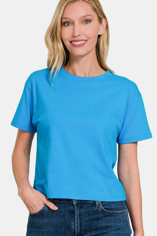 Zenana Expressions Short Sleeve Cropped T-Shirt in Deep Sky