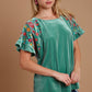 Umgee Tells A Story Velvet Embroidery Short Sleeve Blouse in Turquoise