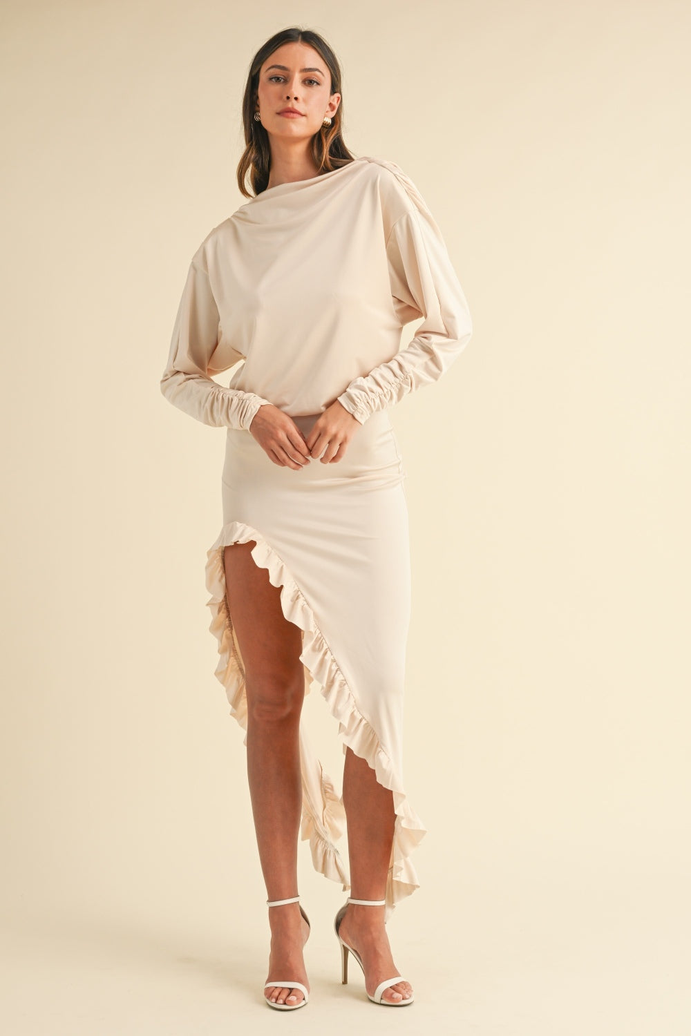 Mable My Heart Is All Yours Backless Asymmetric Ruffle Hem Dress in Cream