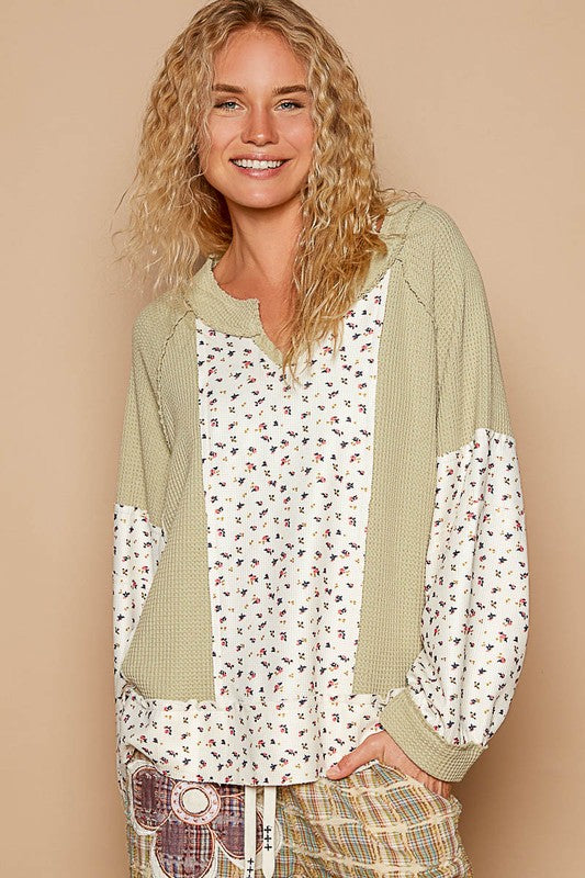 POL A Touch of Sunshine Waffle Knit Floral Notched Neck Long Sleeve Top in Sage