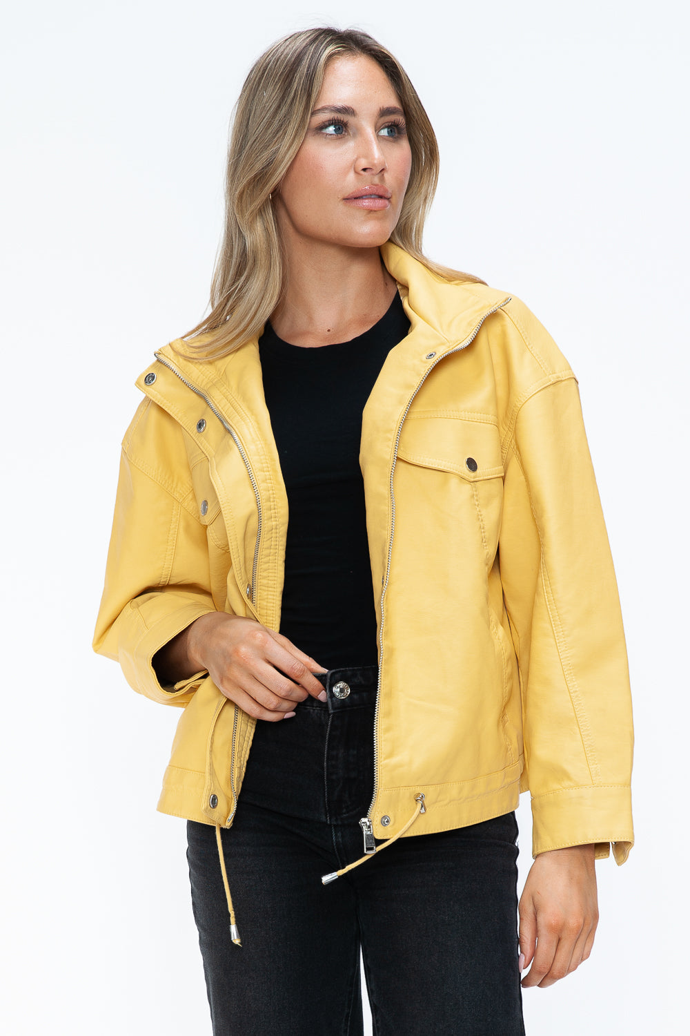 How Dare U My Favorite Layer Drawstring Hem PU Leather Zip Up Jacket in Pale Yellow