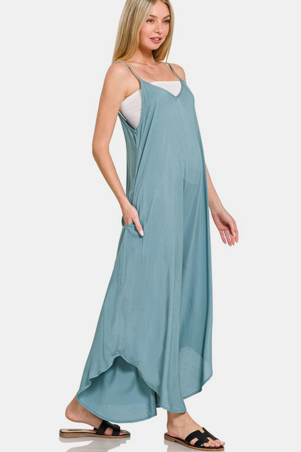 Zenana My Vibe Spaghetti Strap Wide Leg Overalls with Pockets in Blue Grey