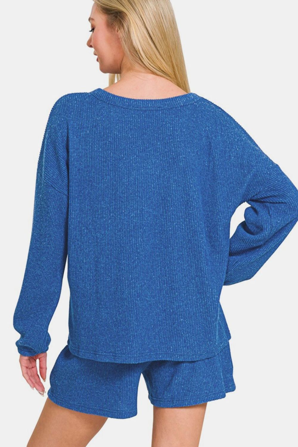 Zenana Collecting Moments V-Neck Long Sleeve Ribbed Top and Shorts Set in Royal Blue