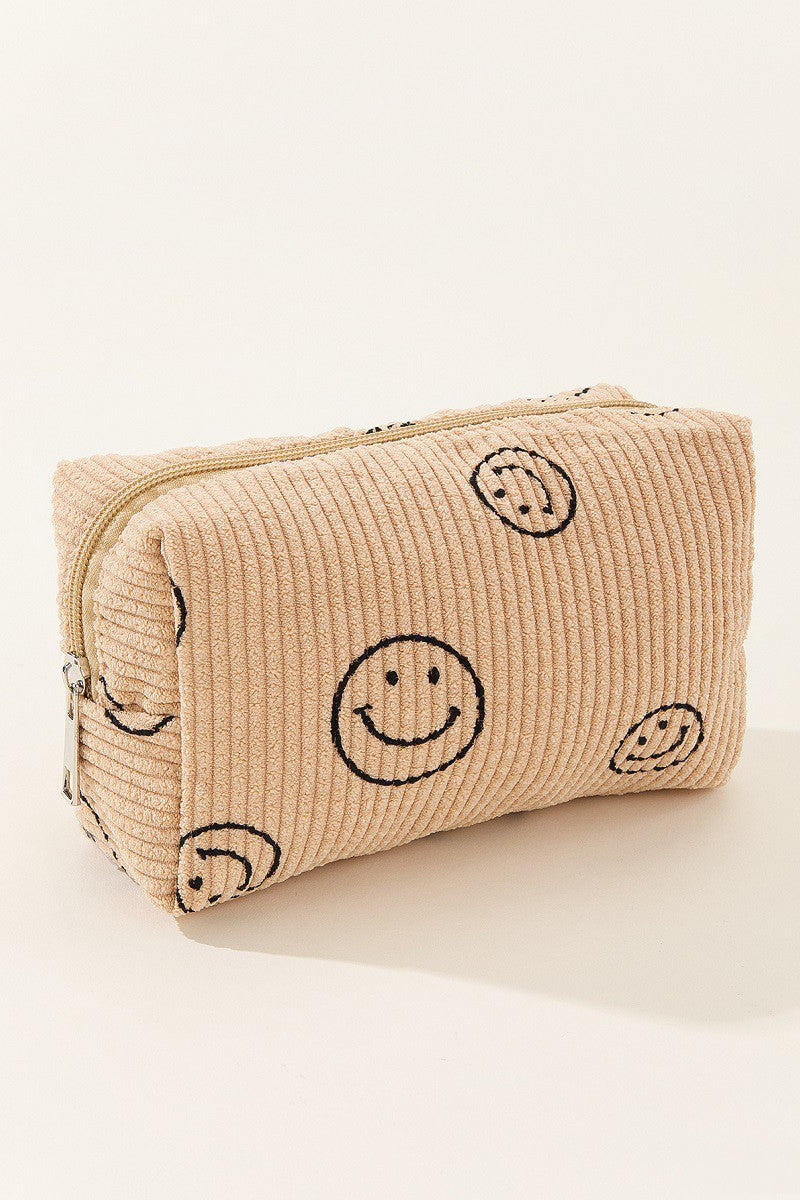 Zenana Match My Mood Smiley Face Corduroy Cosmetic Pouch