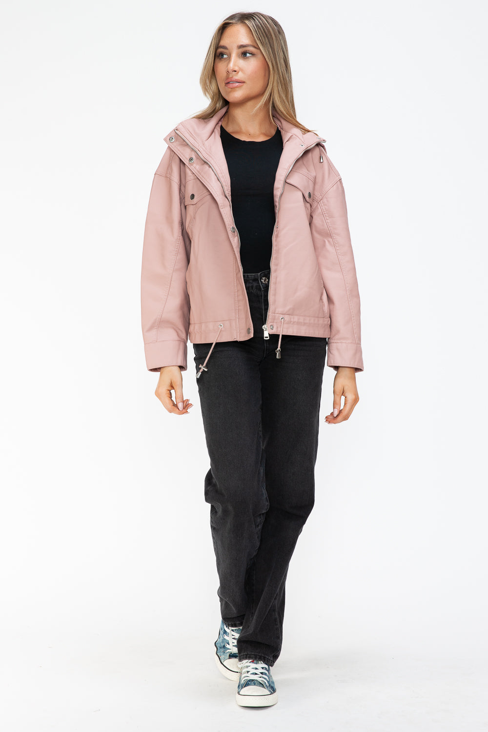 How Dare U My Favorite Layer Drawstring Hem PU Leather Zip Up Jacket in Mauve