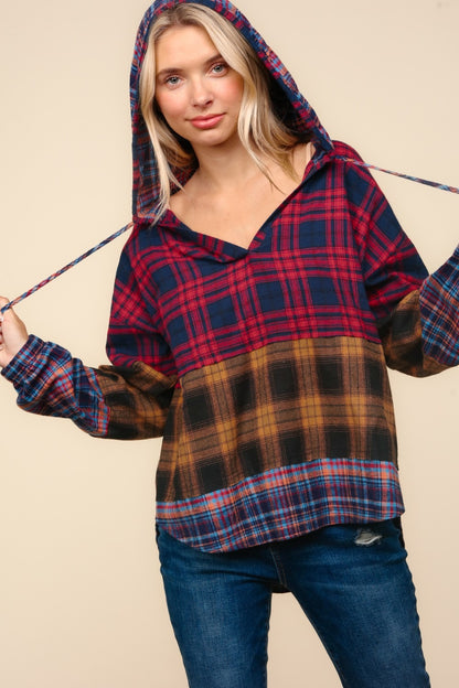 Haptics In My Plaid World Edge Cut Detail Hooded Top