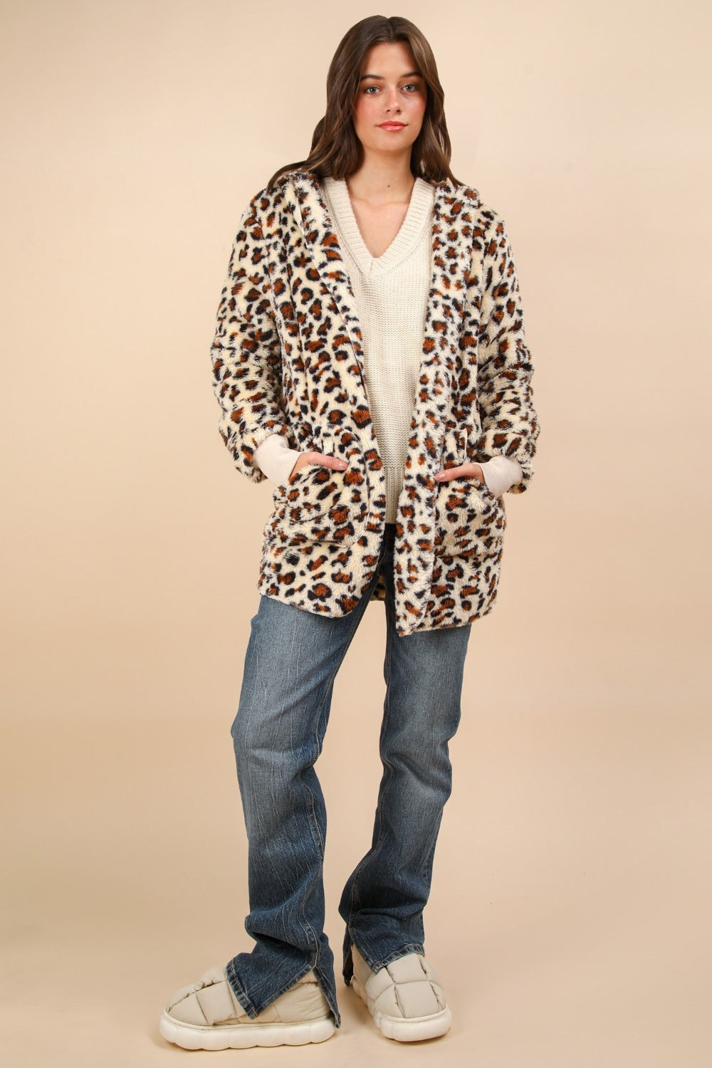 VERY J Where We Goin' Fuzzy Leopard Long Sleeve Hooded Jacket