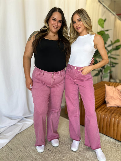 RFM Raelene High Rise Garment Dye Wide Leg Jeans in French Rose