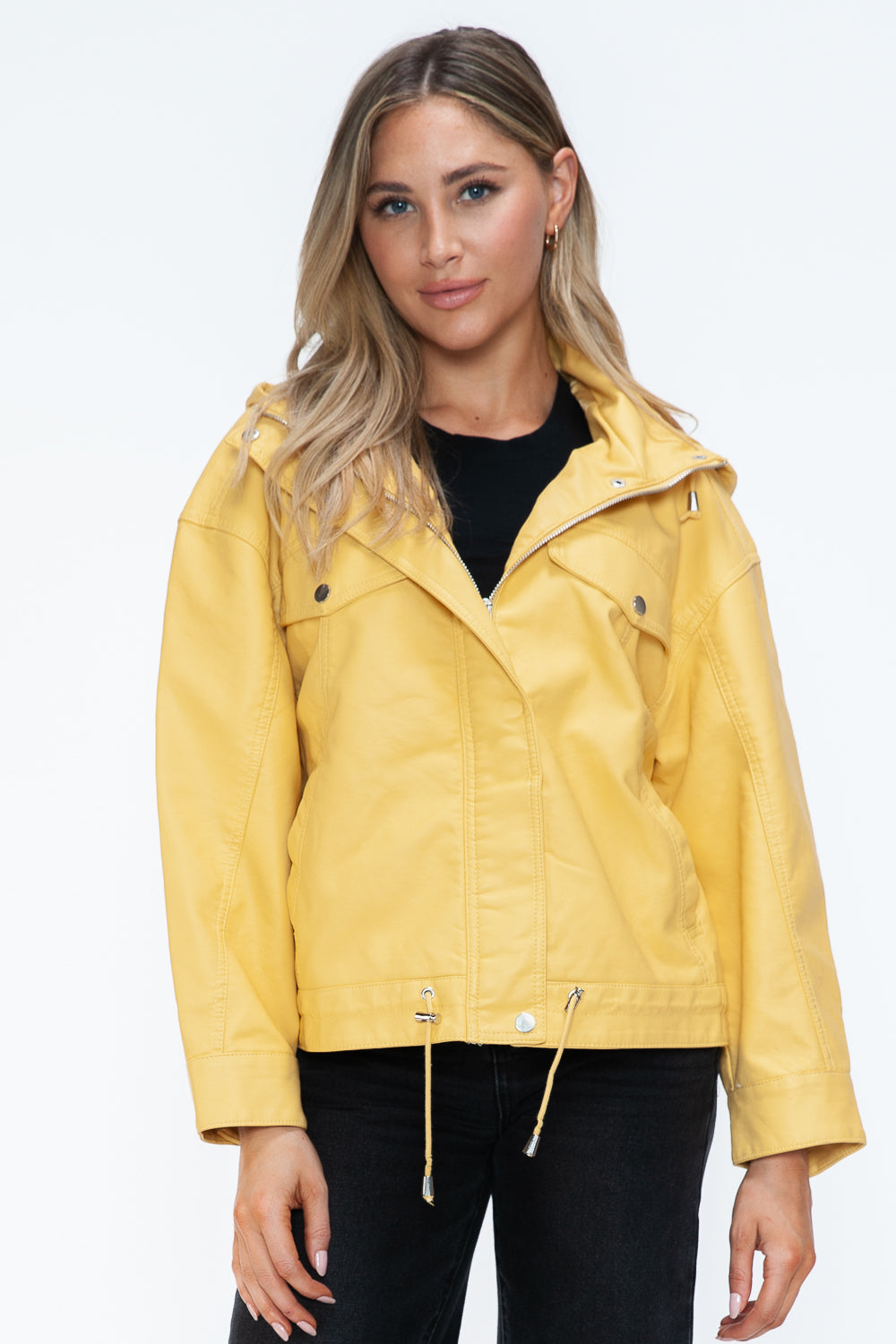 How Dare U My Favorite Layer Drawstring Hem PU Leather Zip Up Jacket in Pale Yellow