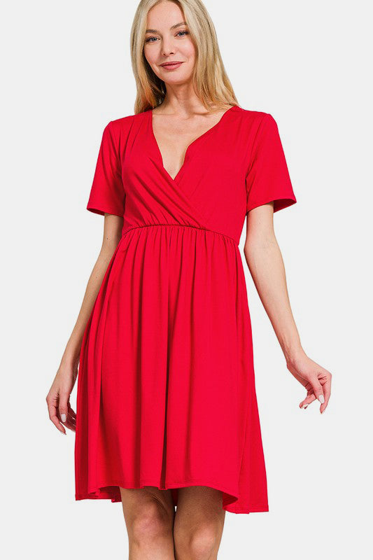 Zenana On The Right Track Surplice Short Sleeve Brushed DTY Dress in Red
