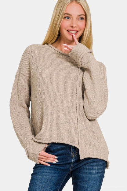 Zenana Wild Wonderland Asymmetric Hem Drop Shoulder Sweater in Ash Mocha