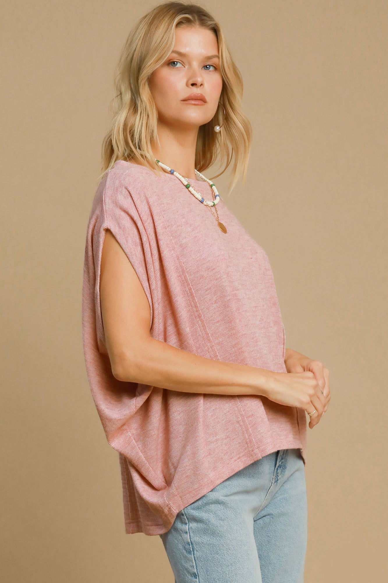 Umgee I'm On Point Exposed Seam Batwing Sleeve Knit Top in Dusty Pink