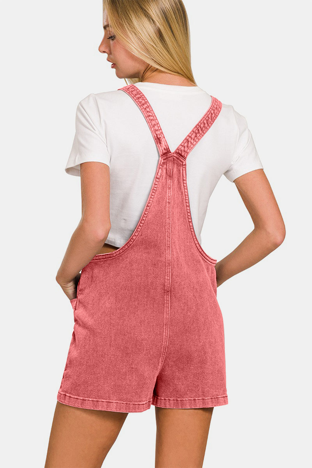 Zenana Play Date Washed Knot Strap Romper With Pockets